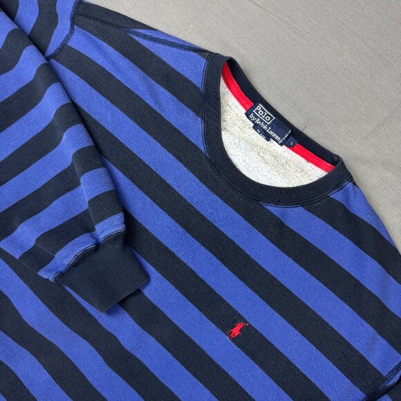 Vintage Polo Ralph Lauren Sweatshirt Mens Large Navy/Blue Striped Pony Logo - Picture 1 of 5